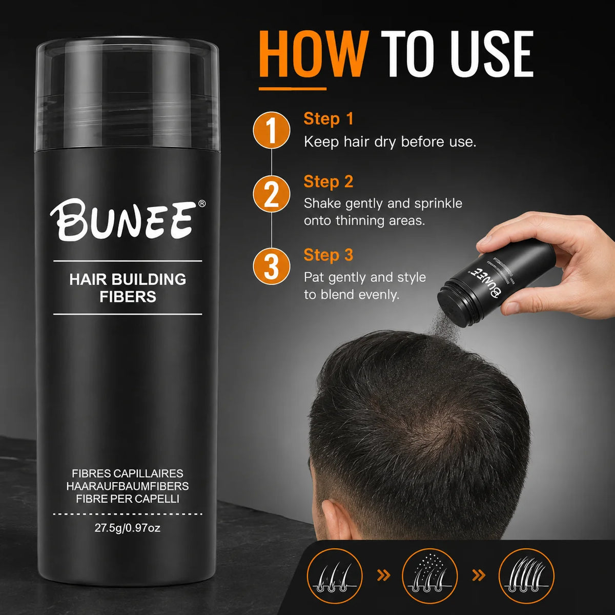 BUNEE Hair Fiber 27.5g ¨C 5-Second Application, Instant Volume & Thickness, Natural Hair Cover for Thinning Spots - AliExpress 66