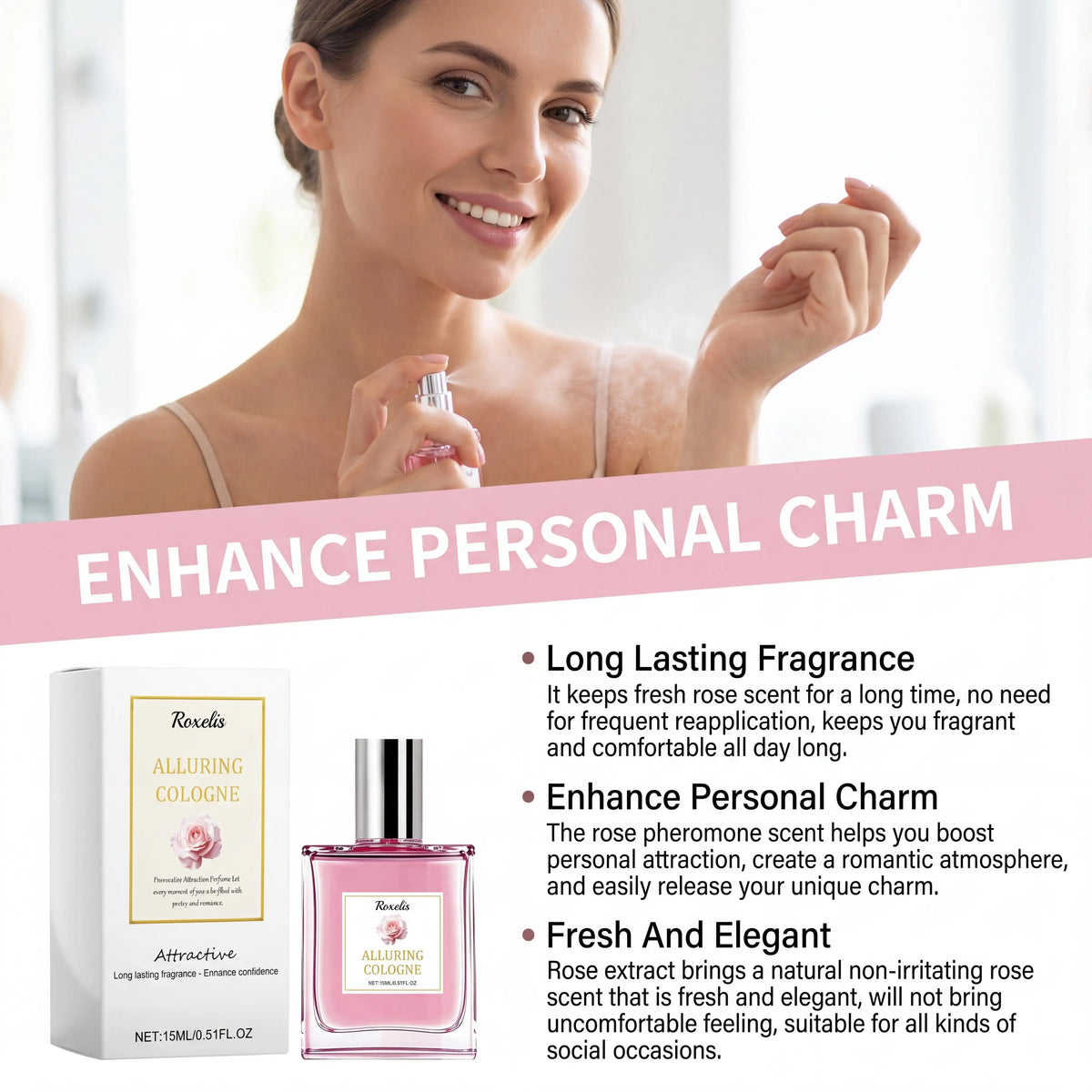 Roxelis Alluring Rose Pheromone Perfume Long Lasting Fragrance Enhances Charm Attraction Deepens Appeal Suitable For Any Occasion Body Mist Spray