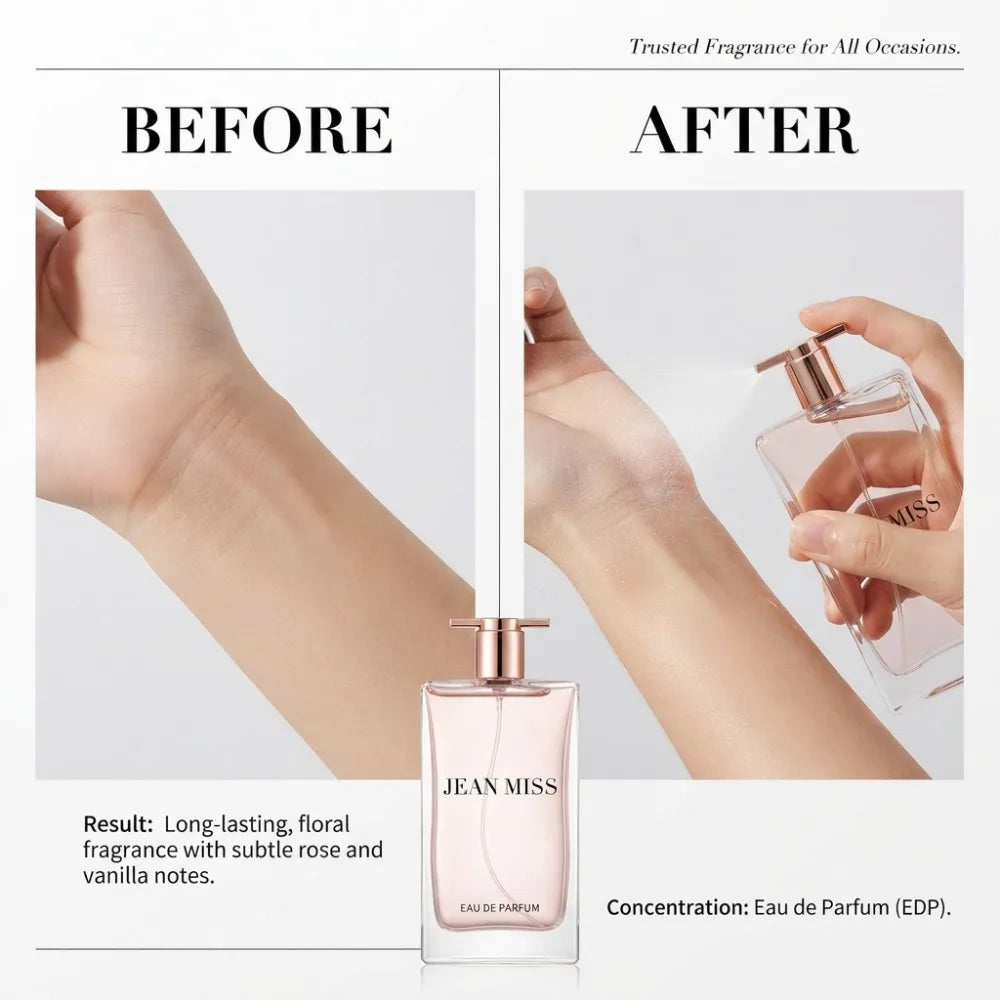 50ml Women Perfume Long Lasting Soft Clean Floral Light Scent Pink Rectangle Bottle Rose Gold Cap Daily Office Dating Fragrance