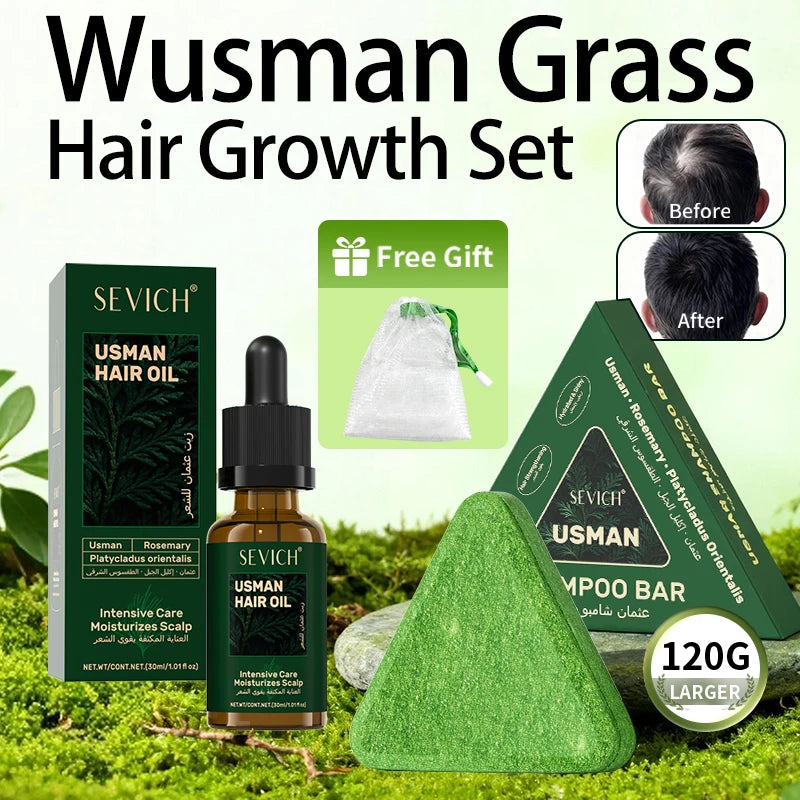 Natural Hair Growth Set Usman Grass Shampoo Soap Herbal Hair Regrowth Oil Anti Hair Loss Serum Scalp Care Spray for Men Women